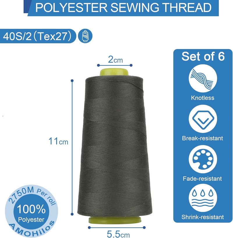 AMOHilos Polyester Sewing Thread All Purpose Knotless 40S/2 (Tex27) 6 Cones of 2750 Yards Each Spool Thread Total 16500 Yards for Serger Sewing Machine Quilting Piecing Hand Stitching (Off Black) - Image 3